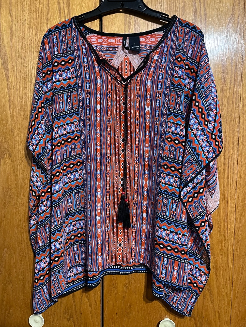 new directions Red and Blue Boho V-Neck Tassel Tunic